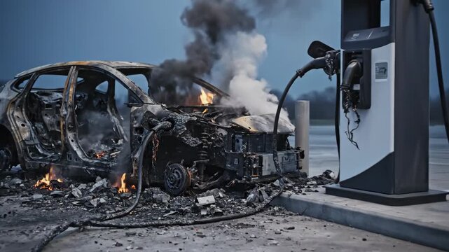 Electric vehicle completely burning and melted with the charging cable still connected, showing the aftermath of a dangerous battery fire and destruction