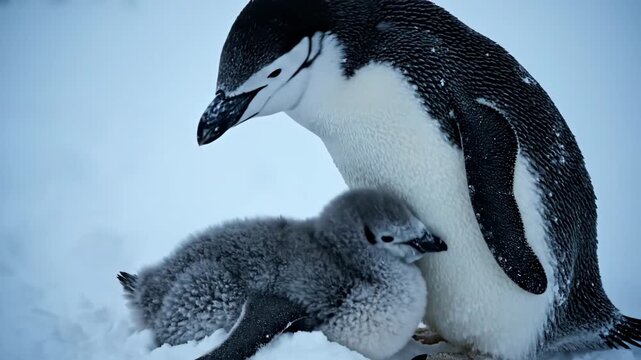 Chinstrap penguin parent shielding its young chick from harsh snow and strong winds, demonstrating parental care and protection in a challenging winter environment