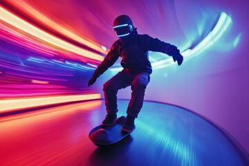 Skateboarder performing tricks in a brightly lit urban tunnel landscape