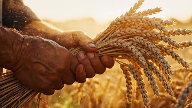 Hands of an aged farmer carefully gathering golden wheat ears in a sunny rural field, representing abundance and sustainable agriculture during the harvest season
