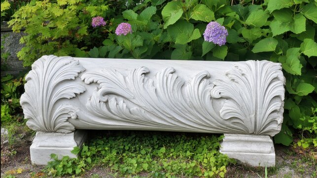 A weathered fragment of an ornate marble column with detailed carvings rests amidst lush garden foliage and purple hydrangeas - Powered by Adobe