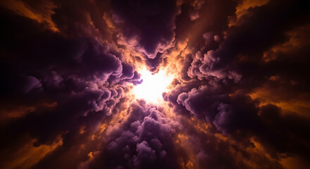 Epic celestial light bursting through a dramatic swirling vortex of purple and orange storm clouds
