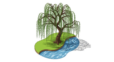 Watercolor illustration of a majestic willow tree by a serene riverbank scene