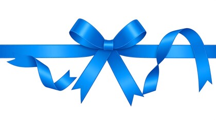 Vibrant blue ribbon, tied into a bow at the center, with long, flowing tails on each side. Its shiny surface catches the light
