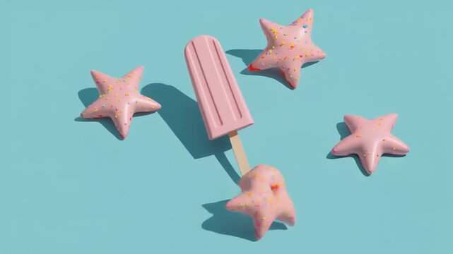 A pink popsicle and star-shaped sweets with sprinkles on a light blue background.
