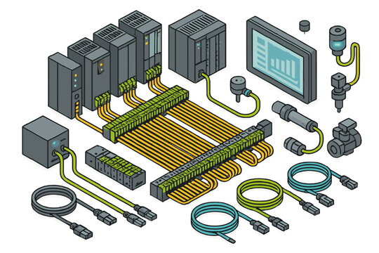 Isometric industrial automation hardware setup with PLCs, terminal blocks, sensors, and HMI display