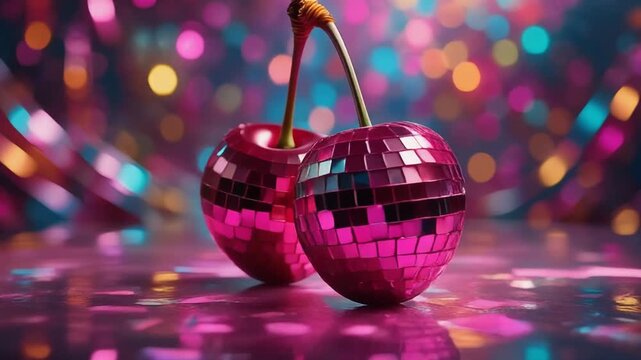 Two pink disco ball cherries on a reflective surface with colorful bokeh background.