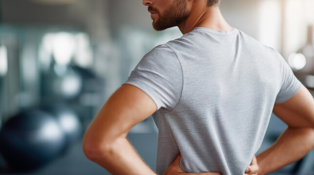 Man with lower back pain in gym defocused workout, faceless athletic injury, discomfort visualization detail, blurred fitness background, male athlete concept, injury interface, pa - Powered by Adobe