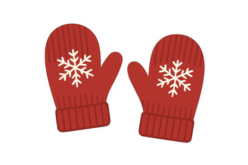 Pair of warm red knitted mittens with white snowflake pattern for winter season
