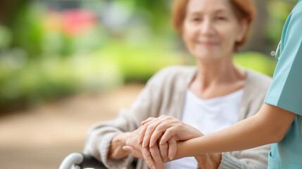 Outdoor caregiver with old woman walker defocused park, faceless elderly support, rehabilitation visualization detail, blurred nature background, trust concept, physical therapy in