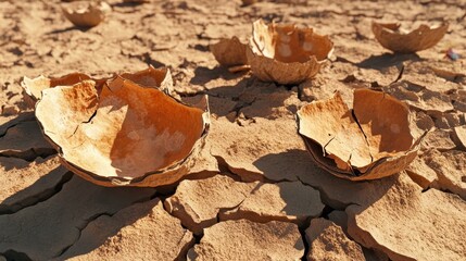 Brittle dried seed pods split open on cracked dry earth surface