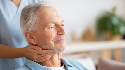 Obraz premium Nurse assisting elderly man with physical defocused therapy, faceless senior care, rehabilitation visualization detail, blurred medical background, assistance concept, therapy inte