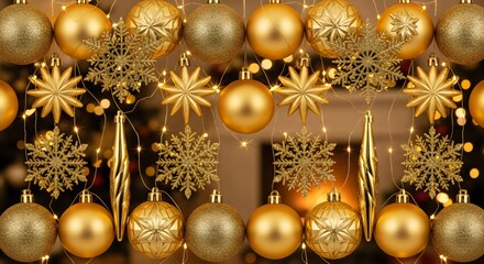 Golden Christmas frame with shiny ornaments and stars, luxury festive border for elegant holiday greeting cards or New Year backgrounds.
