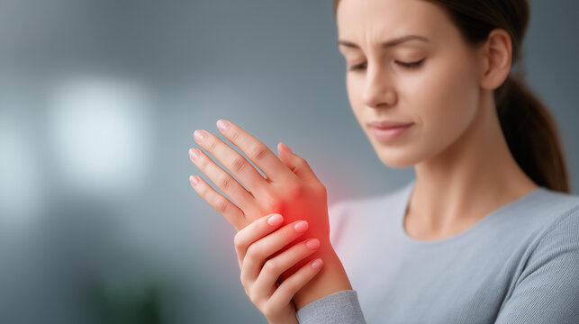 Woman hands holding wrist with pain indicator defocused arm, faceless carpal tunnel, medical visualization detail, blurred suffering background, numbness concept, syndrome interfac