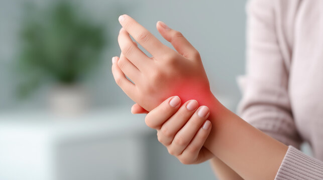 Woman hands holding wrist with pain indicator defocused arm, faceless carpal tunnel, medical visualization detail, blurred suffering background, numbness concept, syndrome interfac