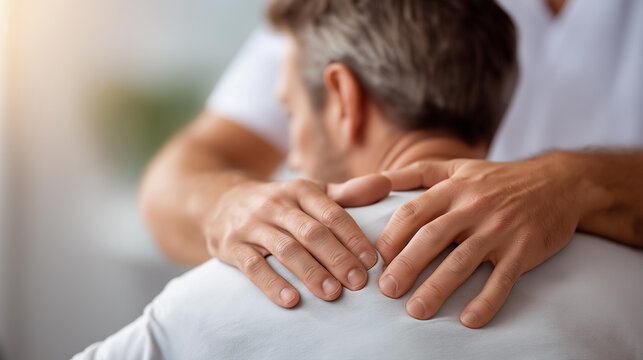 Professional chiropractor helping patient with back defocused pain, faceless therapy treatment, osteopathy visualization detail, blurred clinic background, chiropractic concept, re