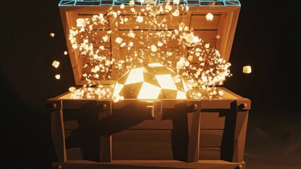Digital treasure chest rendering with an illuminated, abstract geometric object emerging from inside, showcasing a blend of traditional fantasy elements with modern technology and gaming concepts - Powered by Adobe