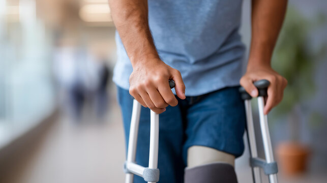 Patient with leg injury using crutches defocused knee brace, faceless rehabilitation support, recovery visualization detail, blurred mobility background, orthopedic concept, medica