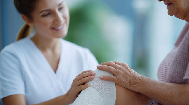 Healthcare professional assisting elderly with compression defocused stocking, faceless leg support, medical visualization detail, blurred applicator background, patient care conce