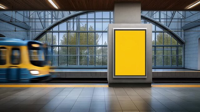 Vertical billboard or poster mockup with blank yellow screen on platform pillar in subway station with train in motion