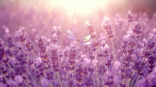 Butterfly with iridescent wings flying near lavender flowers - Powered by Adobe