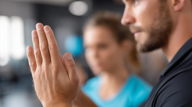 Professional trainer monitoring client during defocused physical activity, faceless serious training, exercise visualization detail, blurred gym background, fitness concept, therap - Powered by Adobe