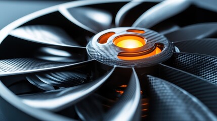 Close up of a computer cooling fan with glowing center