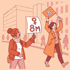 Women marching in protest for international women's day 8m