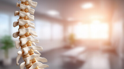 Spine model with medical tools in defocused hospital setting, faceless spinal surgery, treatment visualization detail, blurred clean background, back pain relief concept, health in