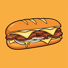 A vibrant cartoon illustration of a delicious sub sandwich filled with sliced meat, melted cheese, and fresh onions, with sauce dripping.
