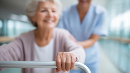 Nurse helping senior with walker defocused safe walking, faceless elderly care, mobility visualization detail, blurred clinic background, physical recovery concept, caregiver inter