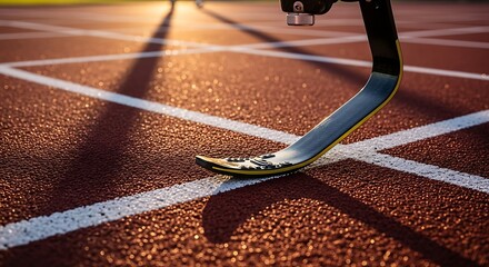 Close-up of a prosthetic running blade on a red athletic track at sunset.