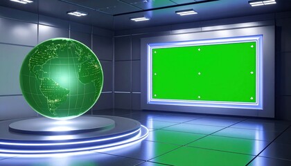 Obraz premium Virtual News Studio Background with Glowing Green Earth Globe and Green Screen Display
