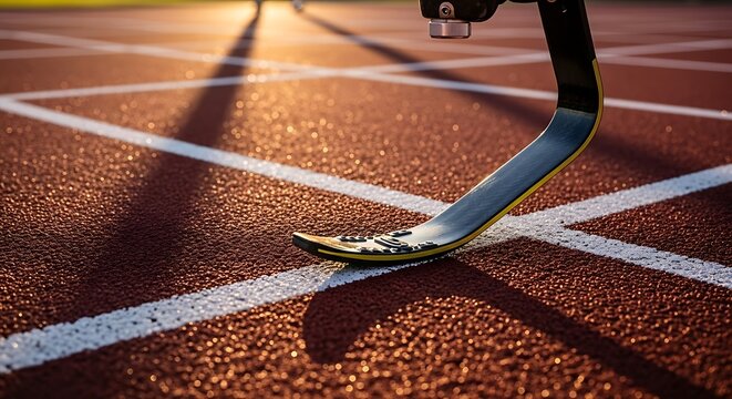 Close-up of a prosthetic running blade on a red athletic track at sunset.