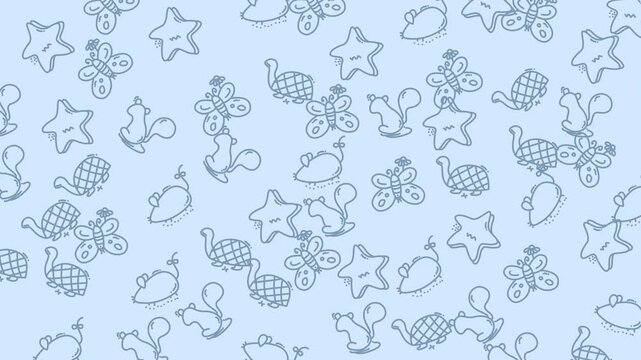 Blue background featuring starfish, turtles, squirrels, butterflies, and mice, ideal for summer or naturethemed designs. Ideal for beachthemed summer designs.