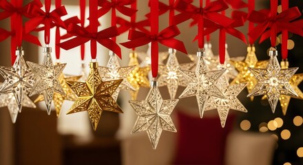 Hanging red and gold Christmas stars, sparkling festive decoration, elegant holiday composition with bokeh lights and joyful seasonal atmosphere.
