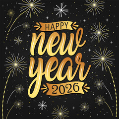 Happy new year 2026 with festive. Lettering Composition With Stars And Sparkles. Vector Illustration. dark background. holyday decorative elements, congratulation.