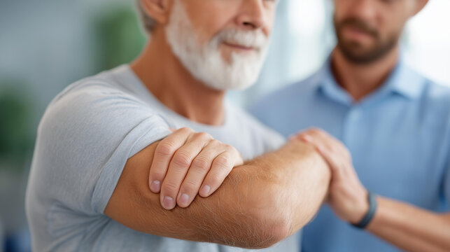 Rehabilitation for arm pain with therapist defocused elderly man, faceless physiotherapy treatment, chiropractor visualization detail, blurred exercise background, medical care con - Powered by Adobe