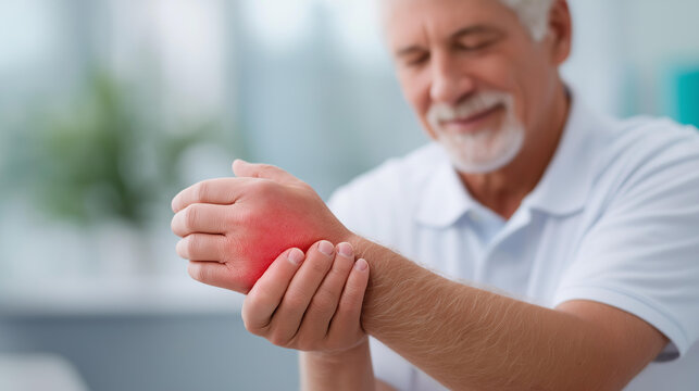 Rehabilitation for arm pain with therapist defocused elderly man, faceless physiotherapy treatment, chiropractor visualization detail, blurred exercise background, medical care con