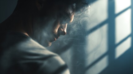 Man engulfed in smoke, bathed in the stark light of a window's shadow