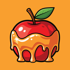 Vibrant cartoon illustration of a shiny red apple partially covered in golden, dripping caramel on an orange background.