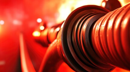 Close up of tightly coiled red firefighting hoses ready for immediate deployment