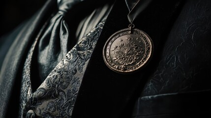 Close up shot of a medal on a formal jacket
