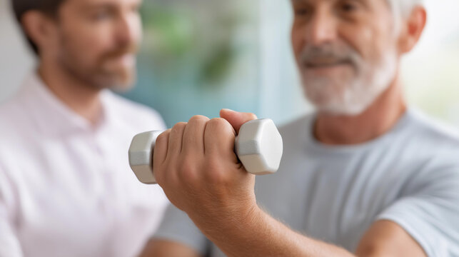 Weight training with senior and physiotherapist defocused chiropractor, faceless consultation session, wellness visualization detail, blurred assessment background, rehabilitation