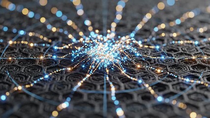 Abstract technology network illustrating data flow and global connectivity on a textured dark surface with glowing blue and orange light particles creating a modern digital background - Powered by Adobe