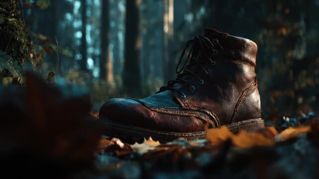 A close-up of a leather boot in a forest setting, resting amongst fallen leaves