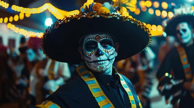 A person dressed as a sugar skull for Dia de los Muertos celebration at night.