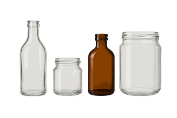 Variety of empty clear and amber glass containers isolated on a white background