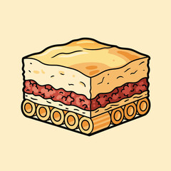 Cartoon illustration of a creative layered food dish resembling lasagna with a unique tank track pasta base.