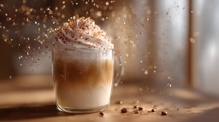 Elegant Latte with Whipped Cream and Sparkling Sprinkles on Wooden Table